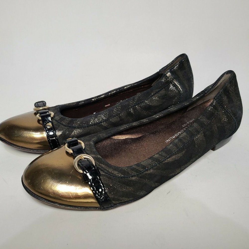 AGL women ballet flats Zebra Black Gold cup toe comfort shoes 5.5-6 36